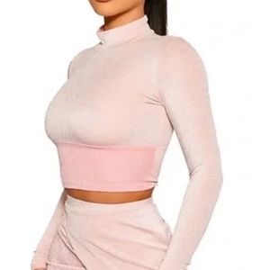 NAKED WARDROBE On The Glow Mock Neck Long Sleeve Sparkle Crop Top